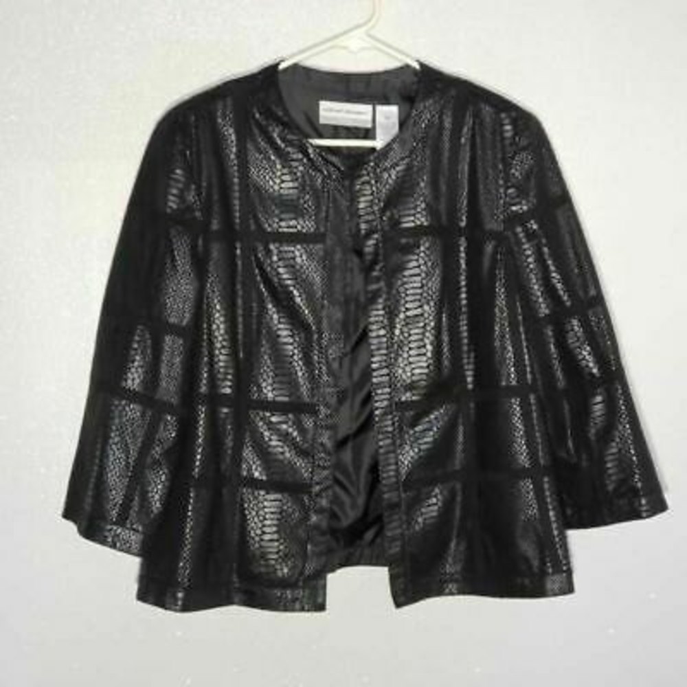 Alfred Dunner Womens Jacket Black Snakeskin Hook & Eye 3/4 Sleeve Petite…